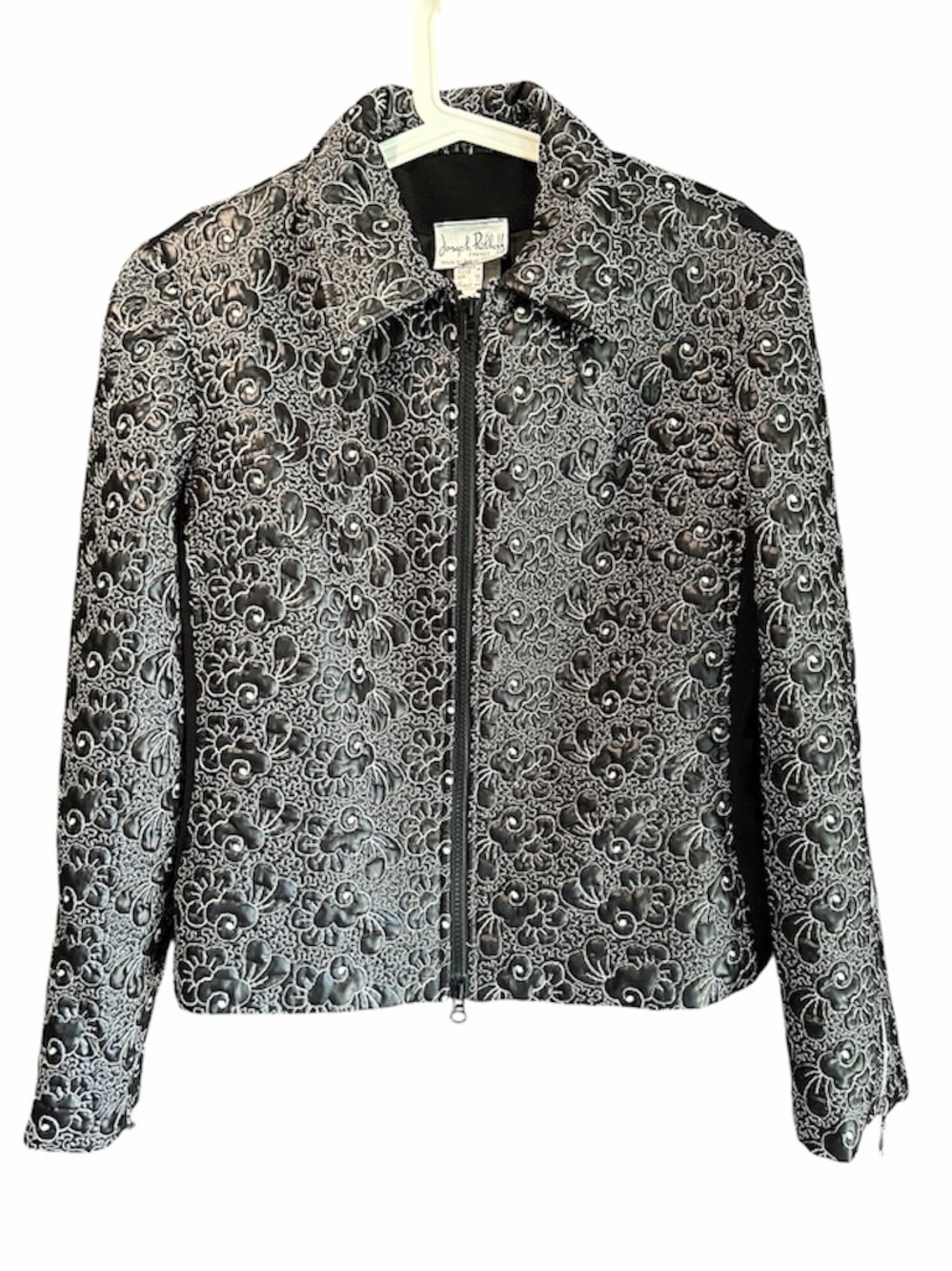 Joseph Ribkoff Black and White Floral Quilted Zip Jacket